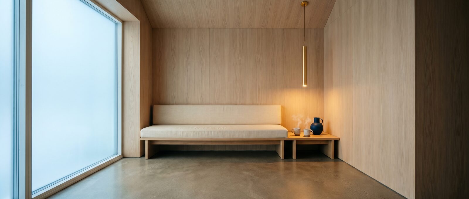 Intérieur du centre Kemijoki à Montgermont, bois blond scandinave
