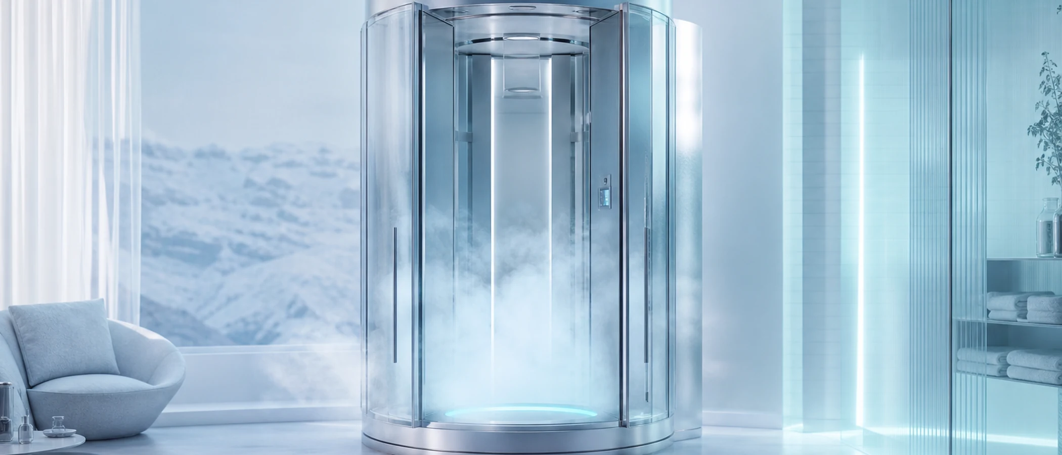 Cabine de cryothérapie dans une brume froide, ambiance glacier de montagne