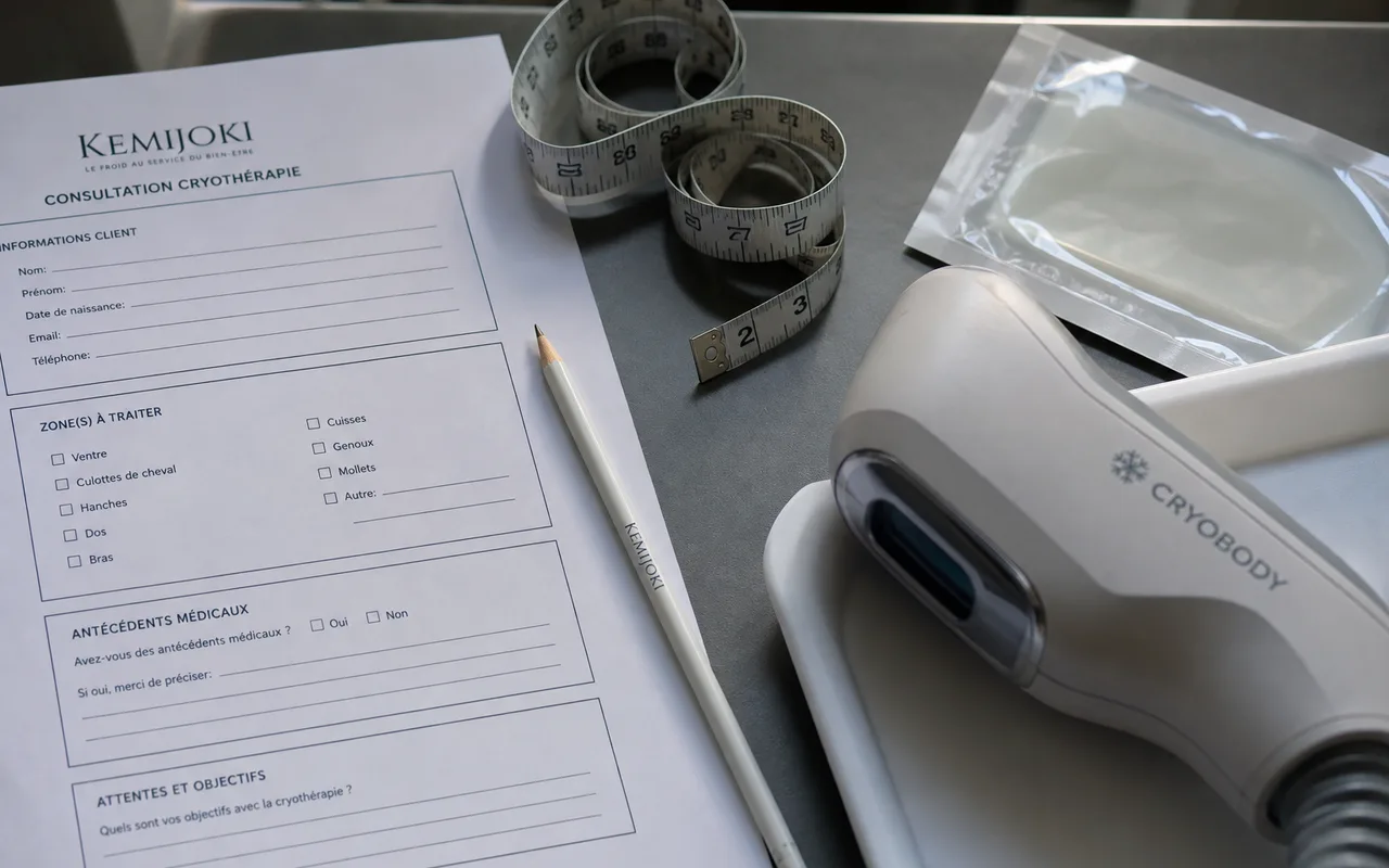 Fiche de consultation, mètre ruban, gel protecteur et applicateur utilisés avant une cryolipolyse