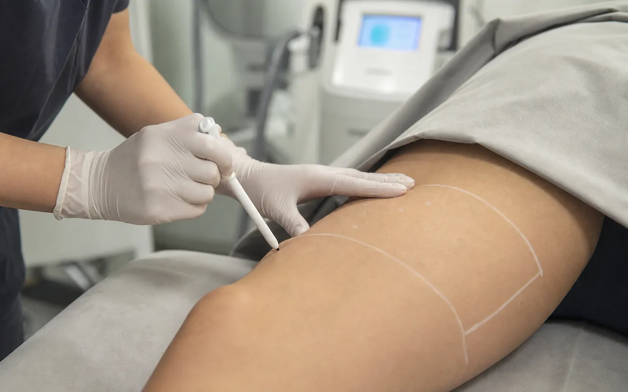 Marquage médical d'une zone de cuisse avant une séance de cryolipolyse